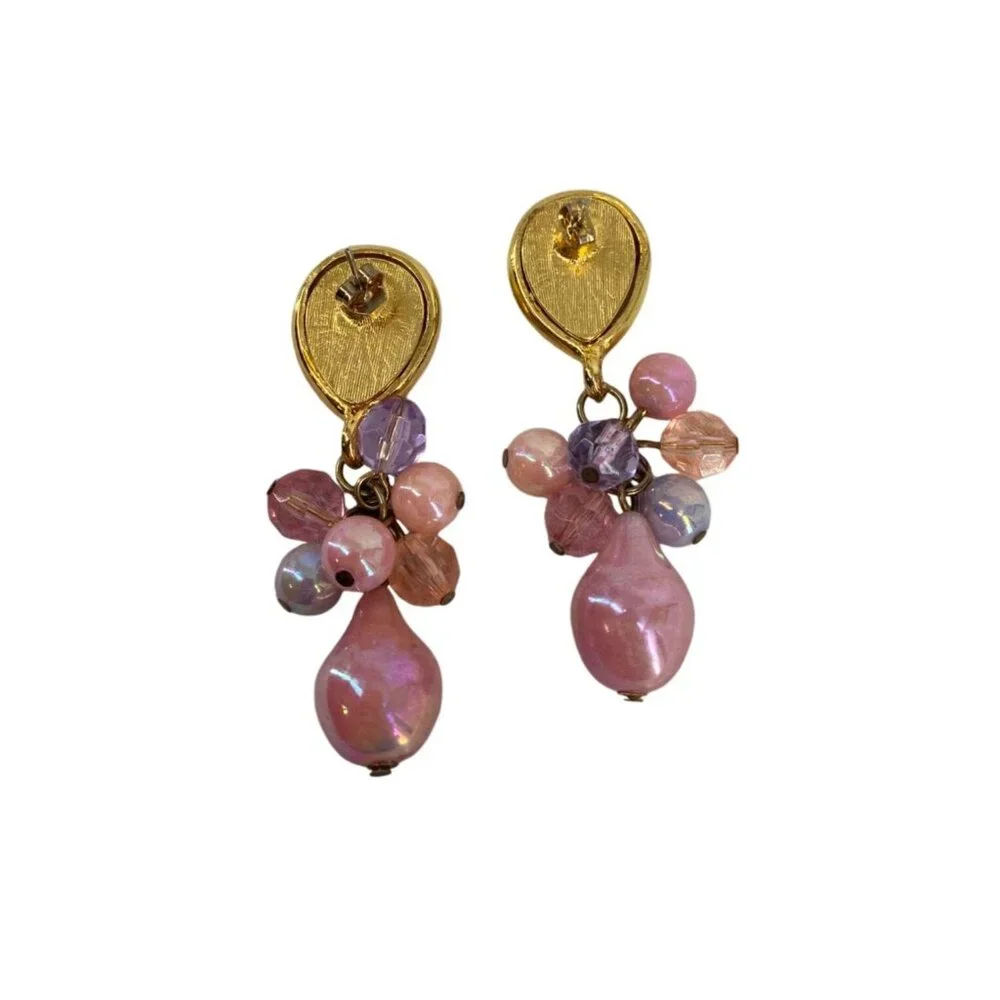 Vintage Gold-Tone & AB‎ Pink Dangle Earrings With Beaded Clusters